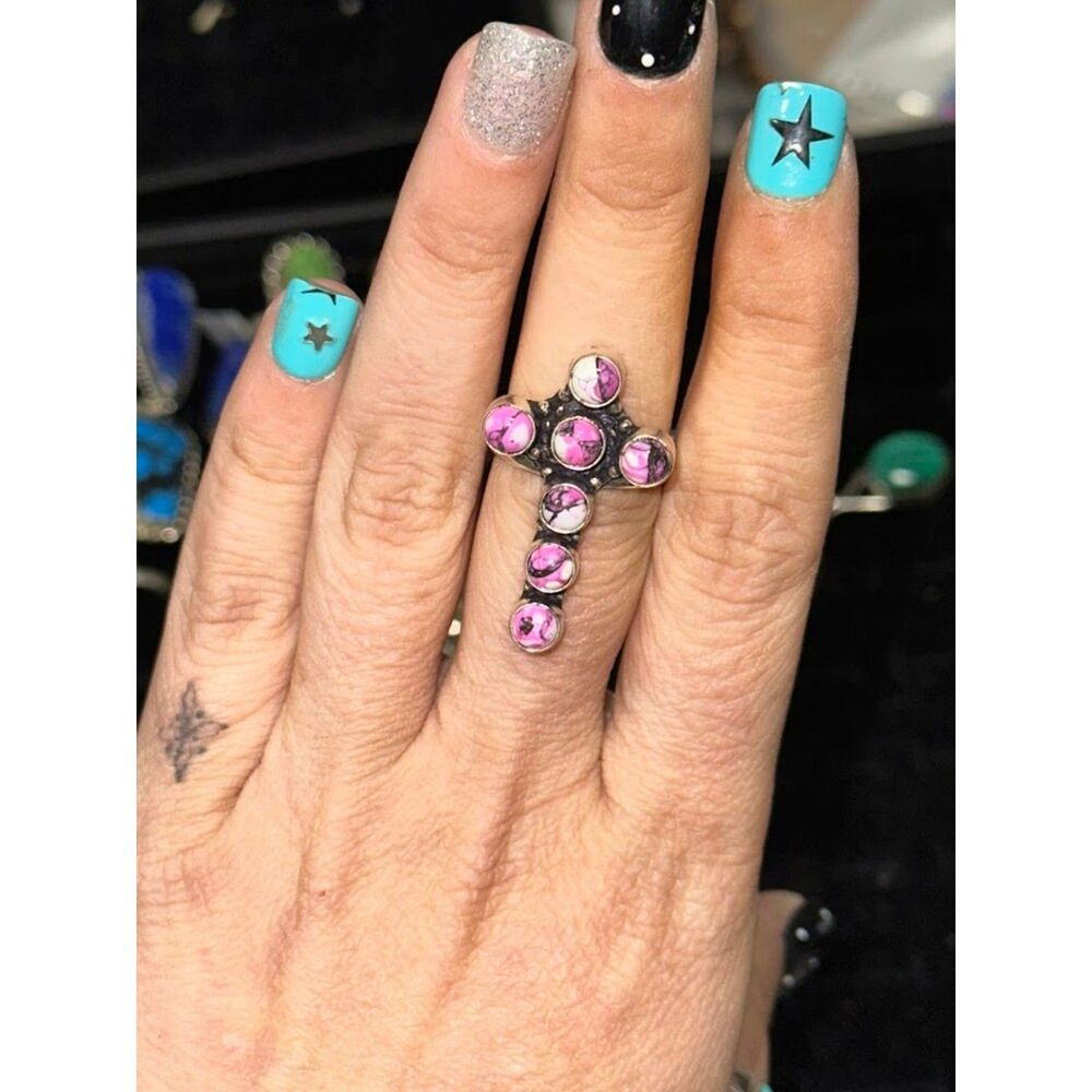 Pink Cotton Candy Cross Sterling Silver Overlay Ring Size 8